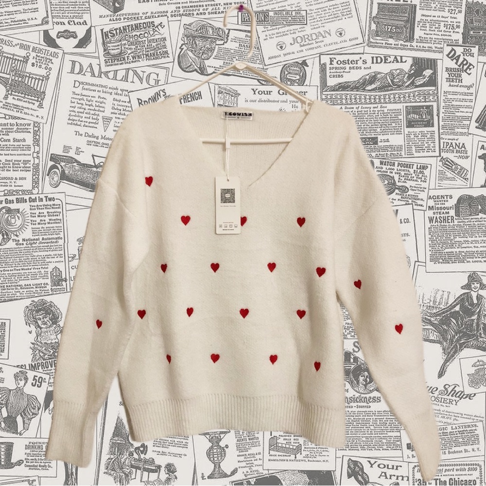 ECOWISH Women V Neck Heart Print Embroidery Knit Sweater Loose Casual Lng Sleeve